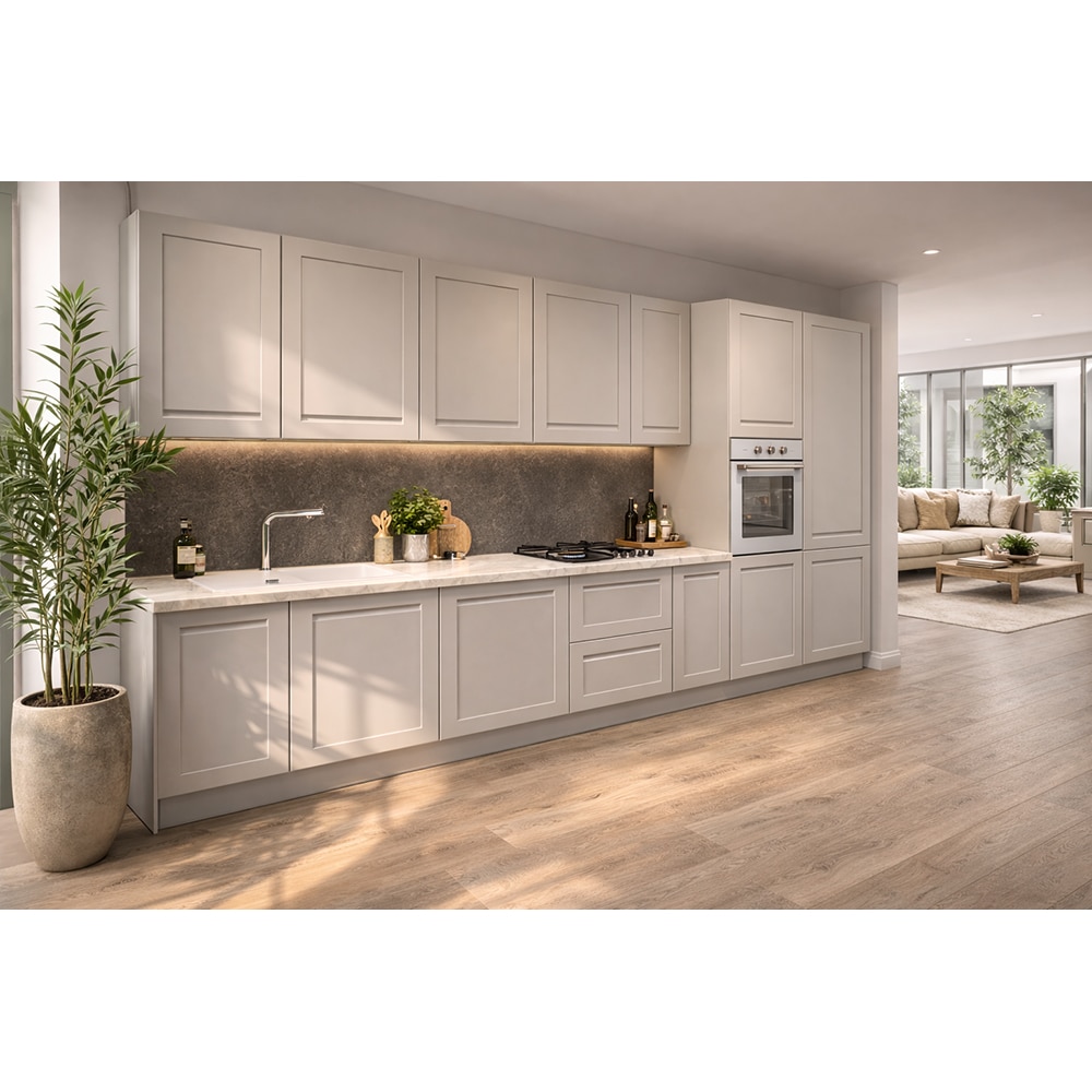 Mobila bucatarie Garcinia, PAL, 380 x 60 x 216 cm, gri deschis