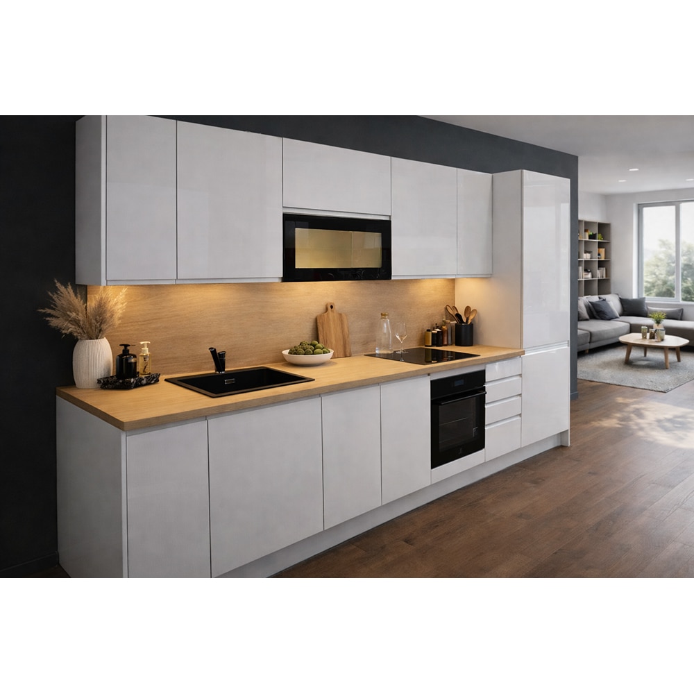 Mobila bucatarie Garcinia, PAL, 330 x 60 x 216 cm, alb lucios