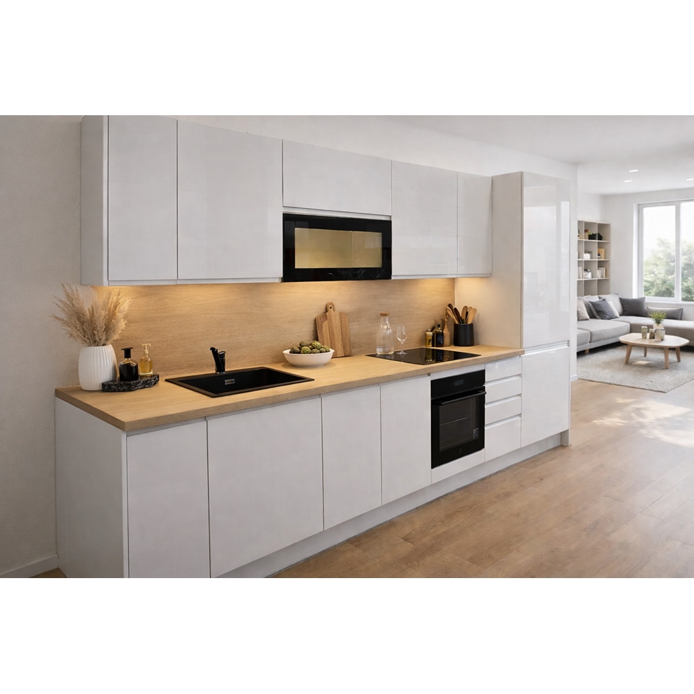 Mobila bucatarie Garcinia, PAL, 330 x 60 x 216 cm, alb lucios