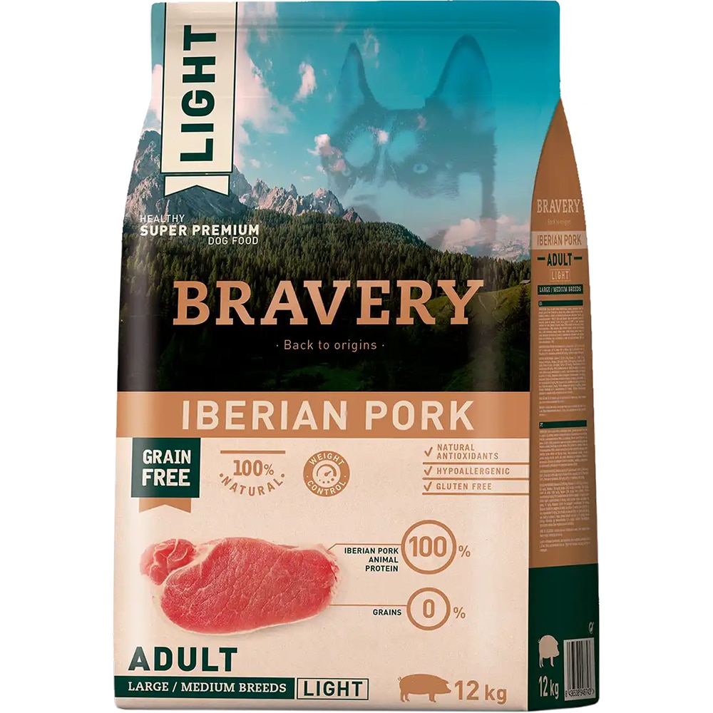 Hrana uscata pentru caini BRAVERY Large/Medium Breeds Light, Adult, Porc, 12 kg