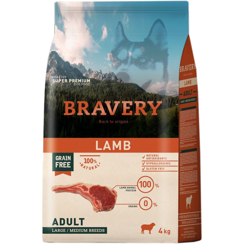 Hrana uscata pentru caini BRAVERY, Adult, Miel, 4 kg