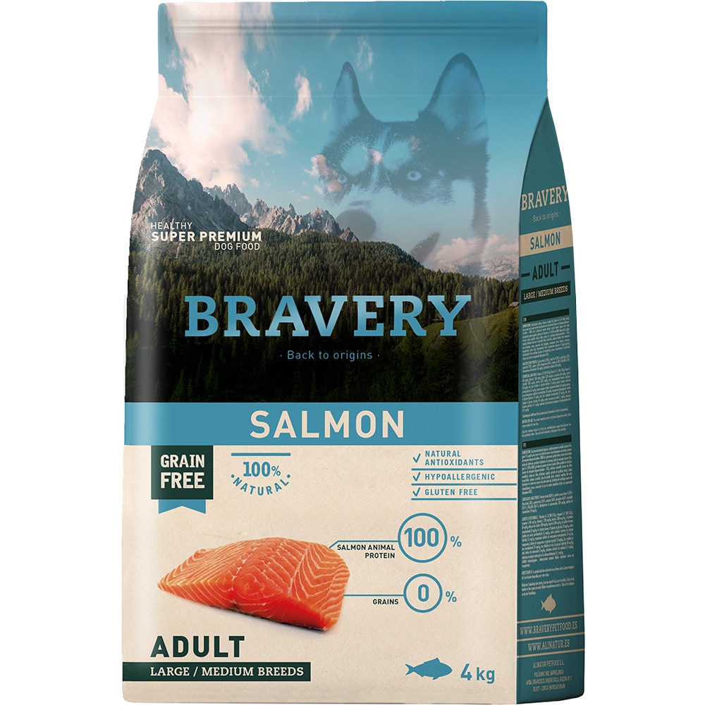 Hrana uscata pentru caini BRAVERY, Adult, Somon, 4 kg
