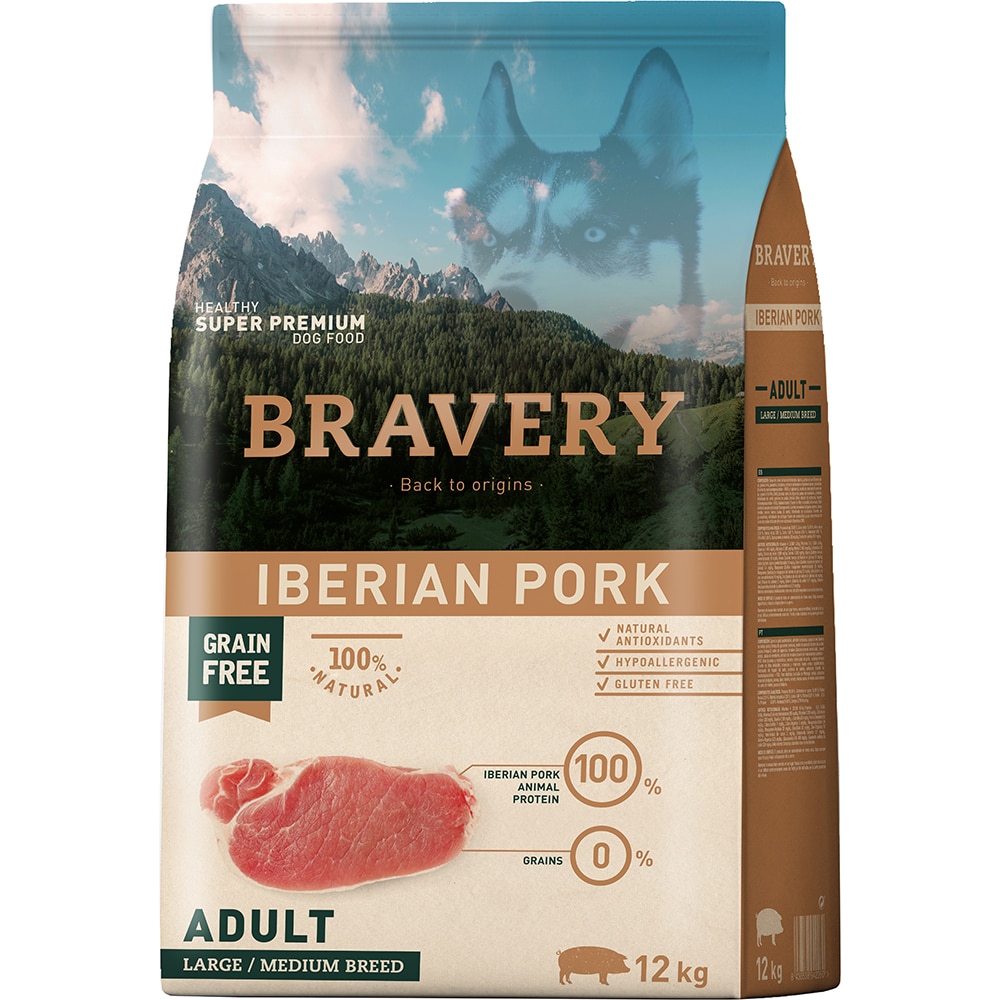 Hrana uscata pentru caini BRAVERY Large/Medium Breed, Adult, Porc, 12 kg