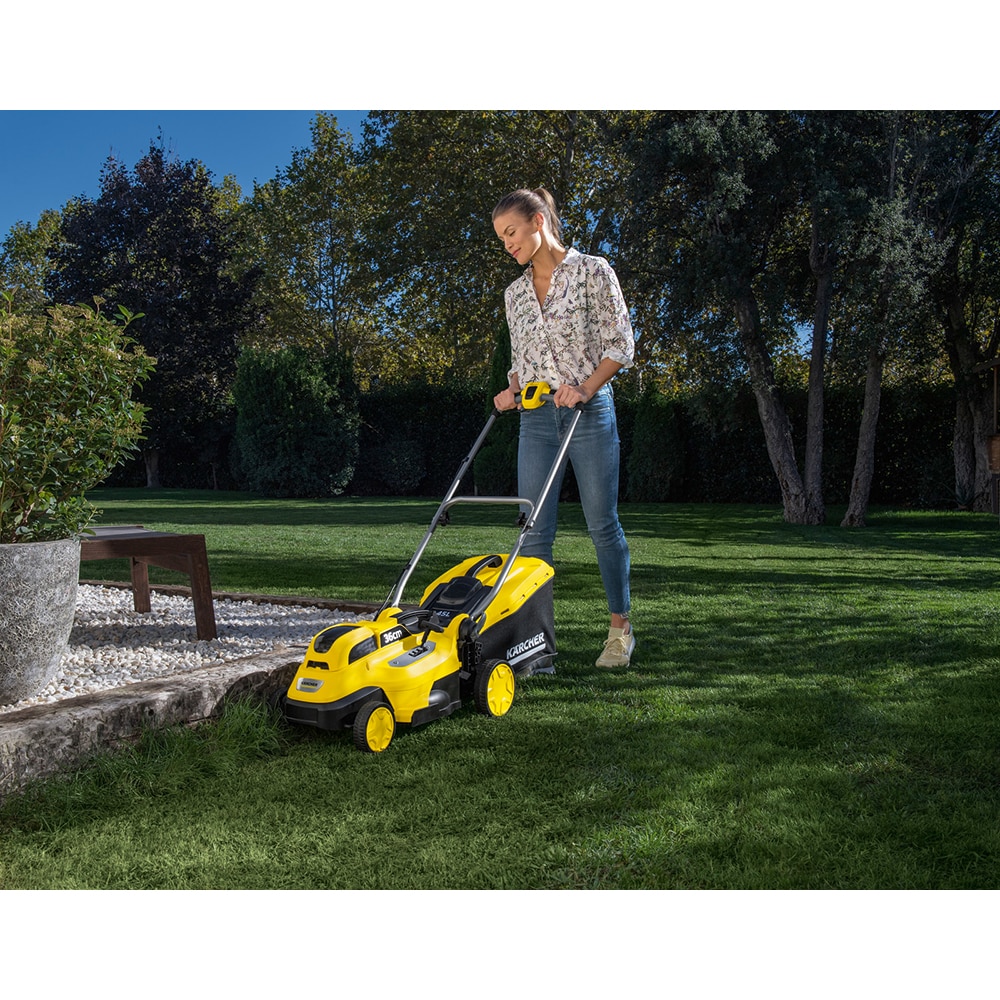 Masina de tuns iarba pe acumulator KARCHER LMO 18-36, Electrica, latime taiere 36 cm, cos 45L, fara acumulator, galben