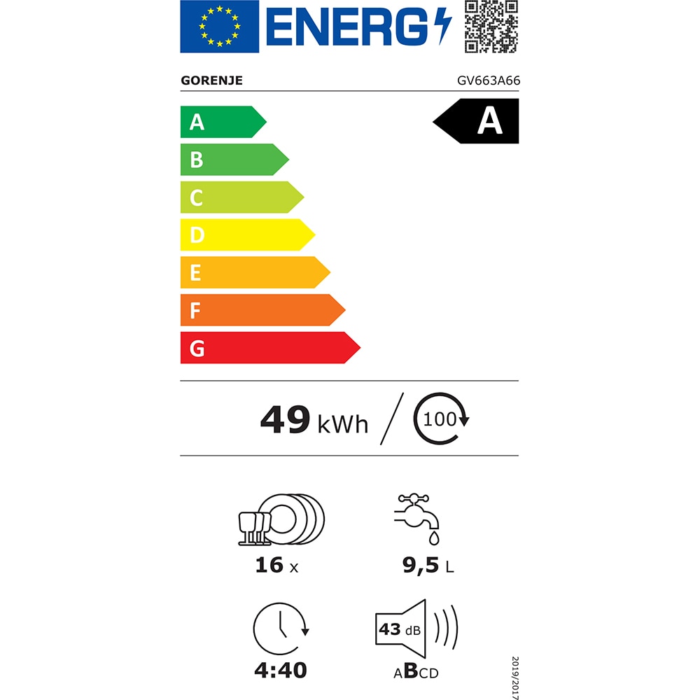 Masina de spalat vase incorporabila GORENJE GV663A66, 16 seturi, 8 programe, 60 cm, Clasa A, panou comanda negru
