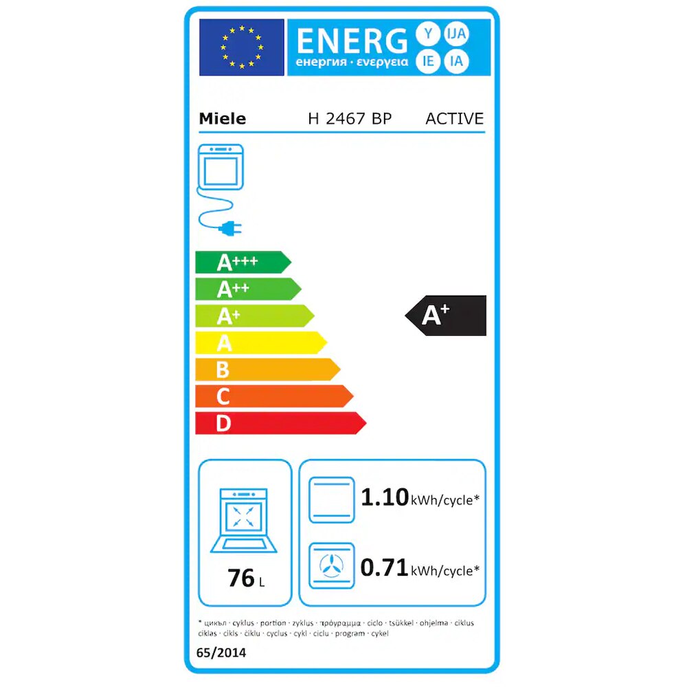 Cuptor incorporabil MIELE H 2467 BP Active, Electric, Autocuratare pirolitica, 76 l, Clasa A+, negru