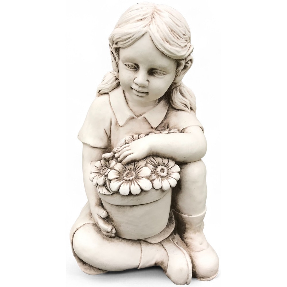 Decoratiune gradina Fata cu flori, fiberclay, 26 x 24 x 43.5 cm, alb