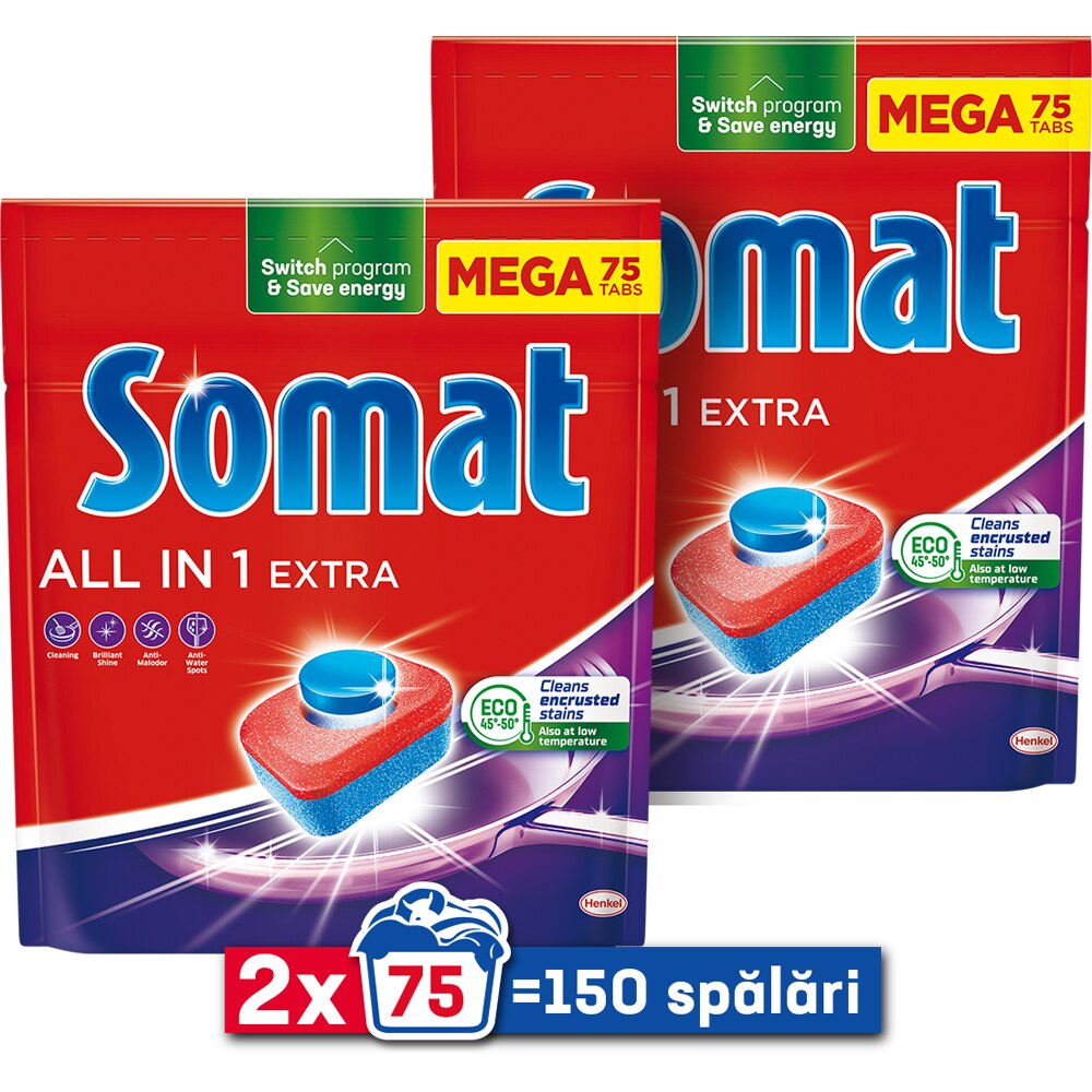 Detergent pentru masina de spalat vase SOMAT All In One Extra, 2 x 75 tablete