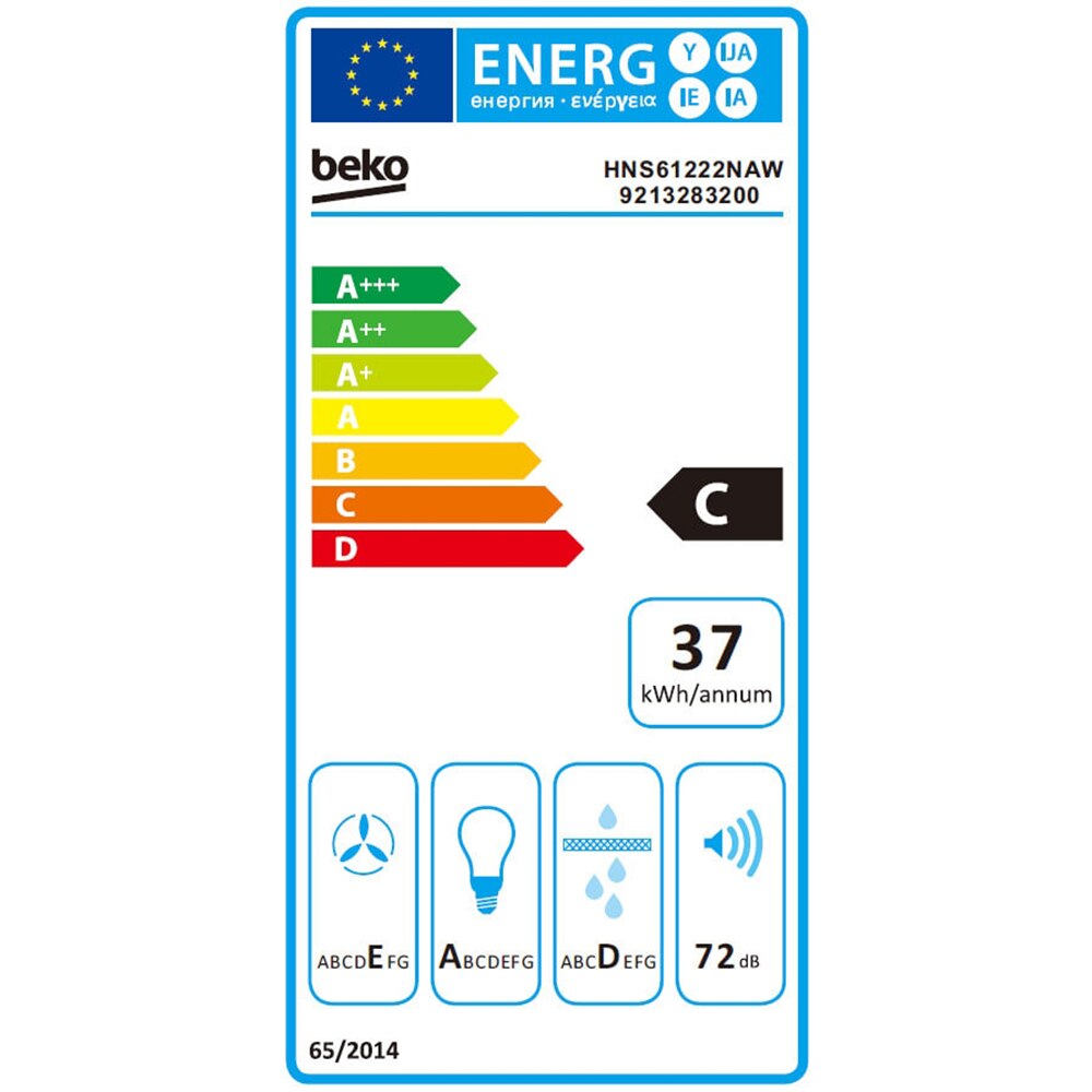 Hota traditionala BEKO HNS61222NAW, 1 motor, 201 m3/h, L 60 cm, alb