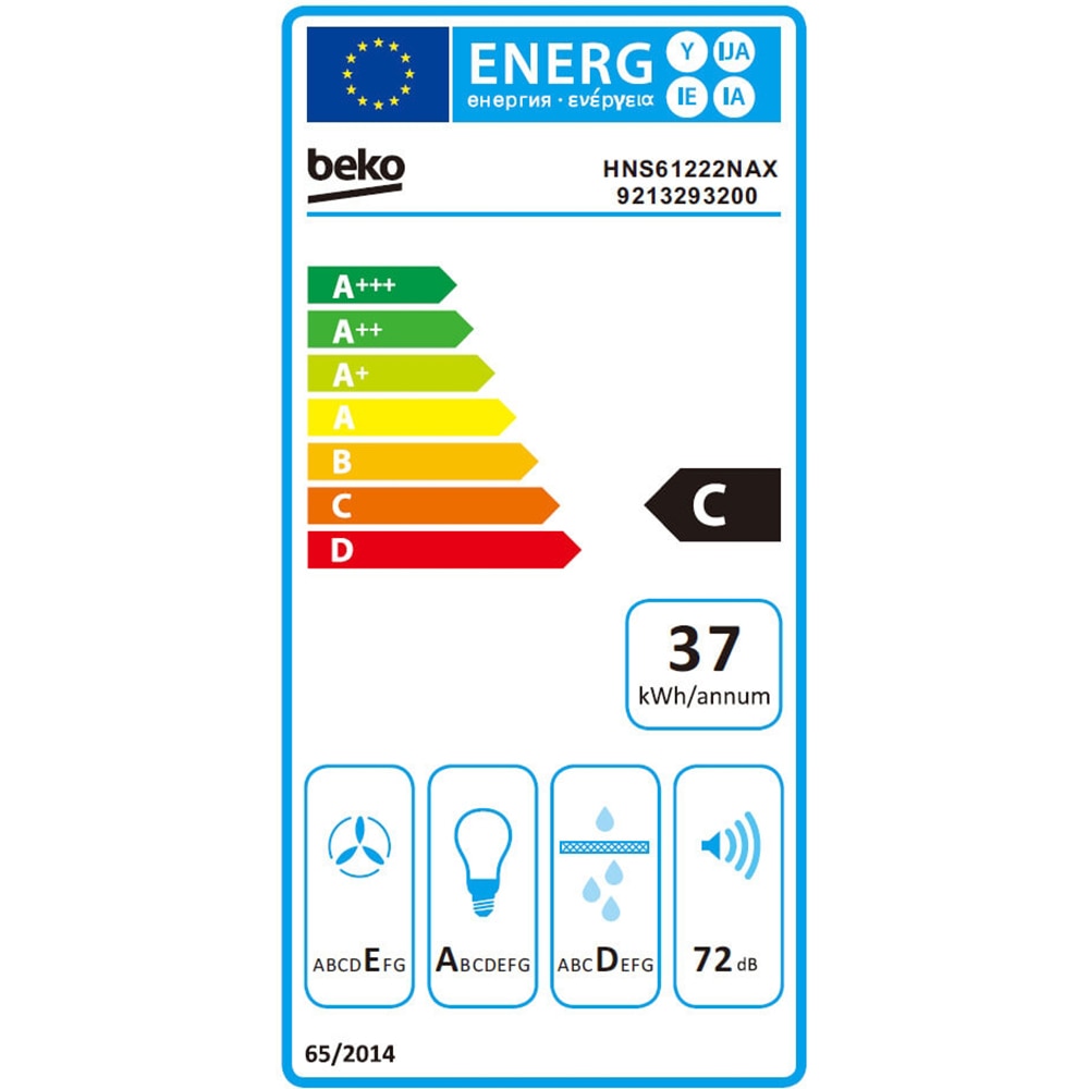 Hota traditionala BEKO HNS61222NAX, 1 motor, 201 m3/h, L 60 cm, inox