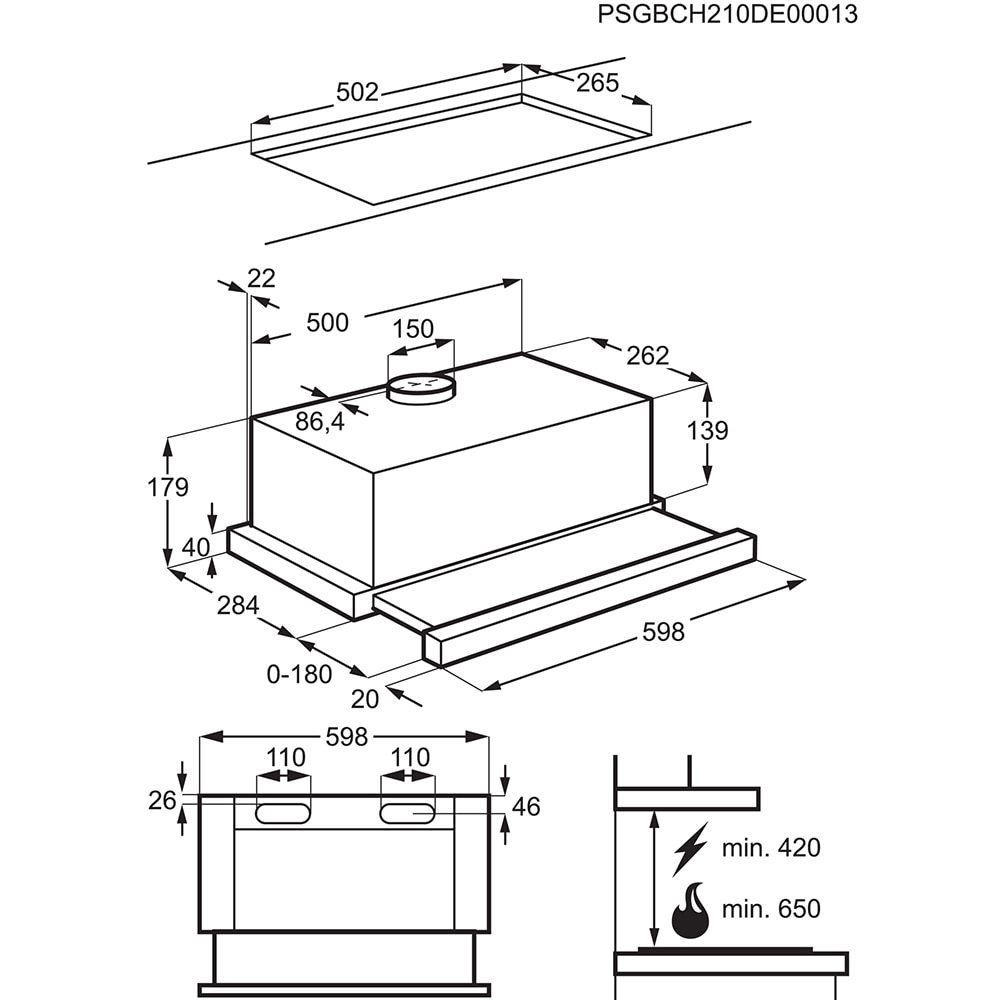 Hota incorporabila telescopica ELECTROLUX LFP326AS, 1 motor, 410 m3/h, L 60 cm, auriu