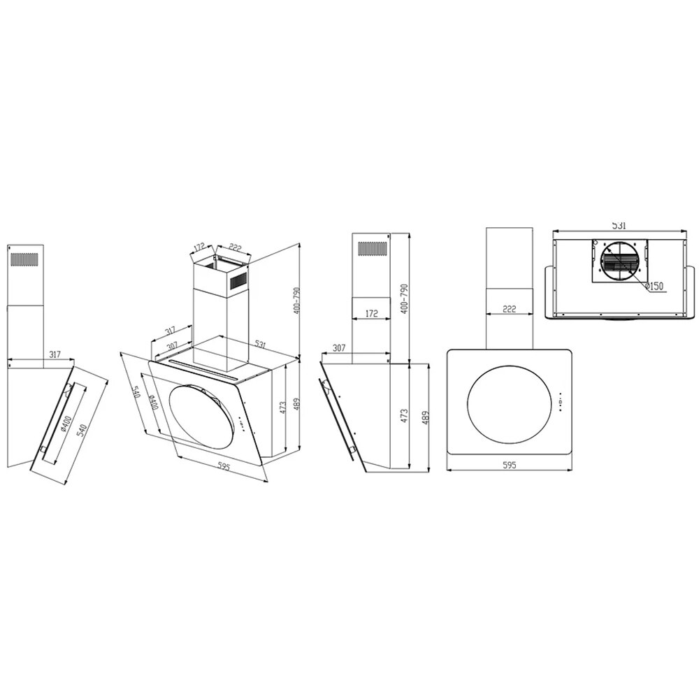 Hota decorativa TURBIONAIRE Lisa 60 B TIS60WB, 1 motor, 653 m3/h, L 60 cm, negru