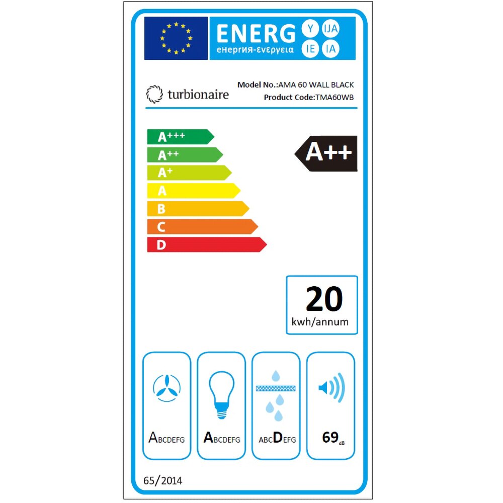 Hota decorativa TURBIONAIRE Ama 60 B TMA60WB, 1 motor, 703 m3/h, L 60 cm, negru