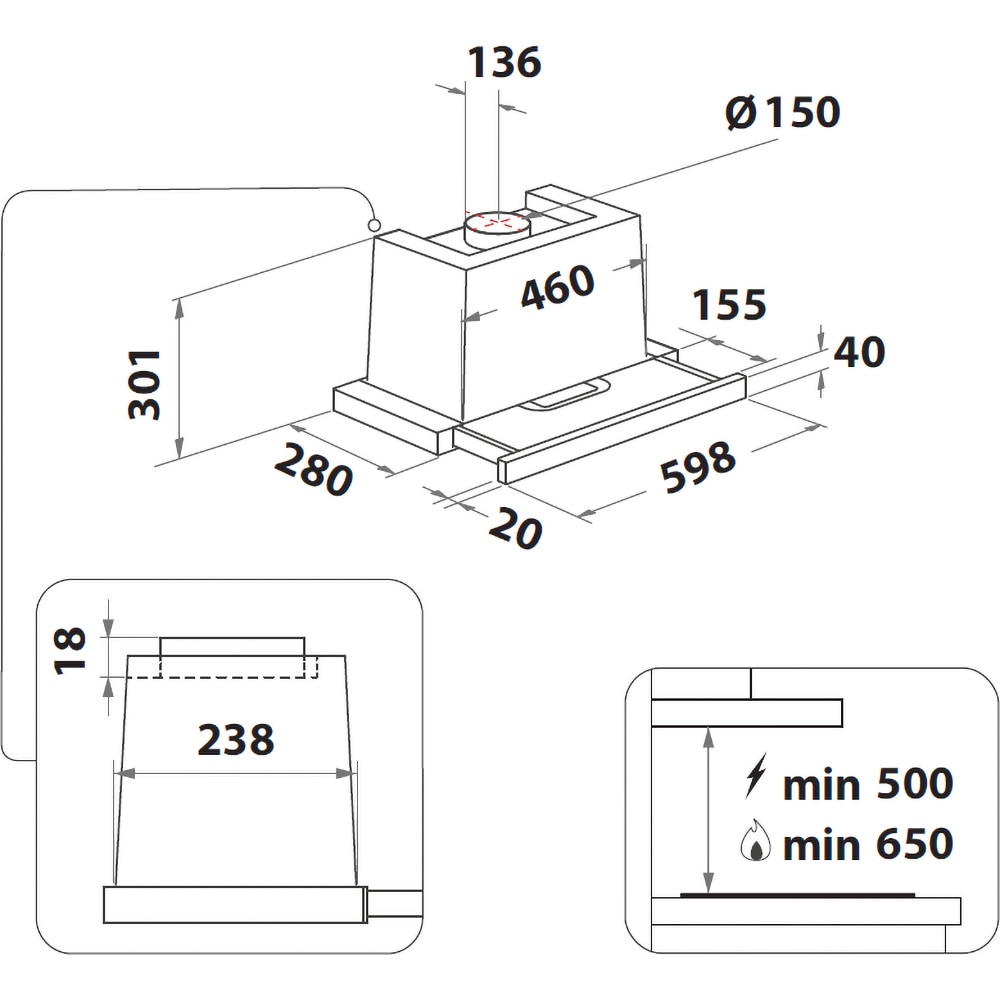 Hota incorporabila telescopica WHIRLPOOL WAHTT 64 LM K, 1 motor