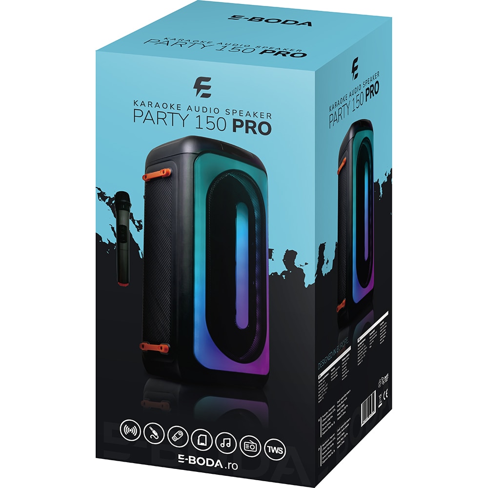Boxa portabila E-BODA Party 150 Pro, 25W RMS, Bluetooth, USB, negru