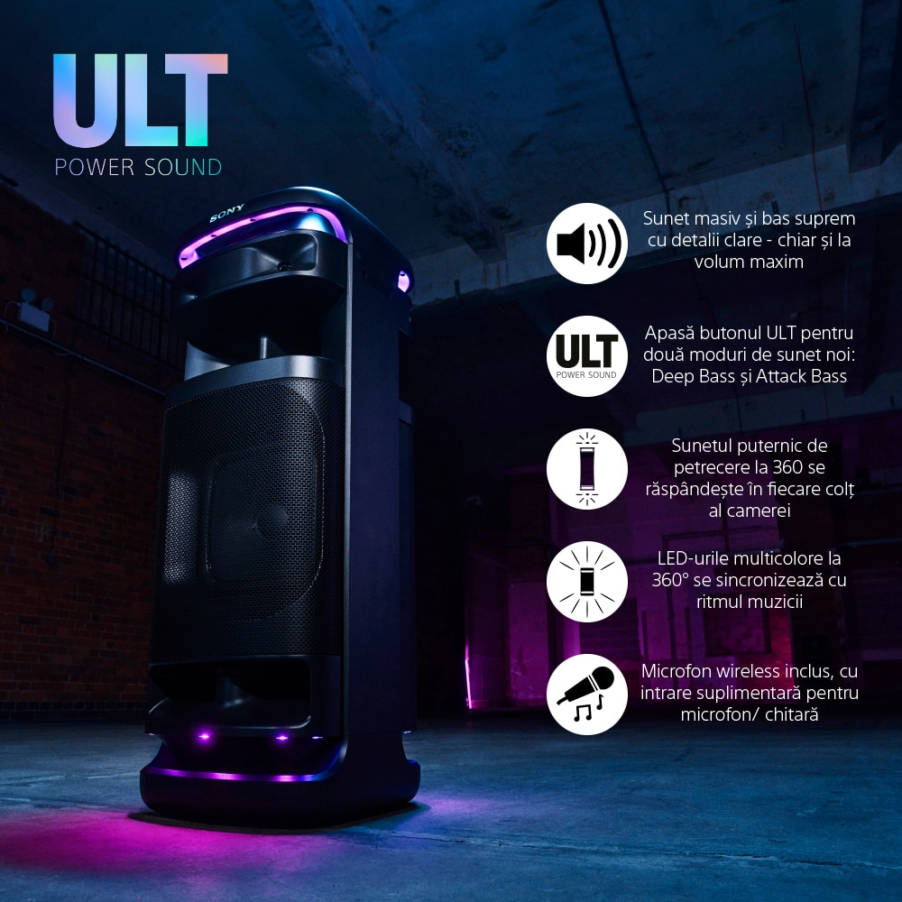 Sistem audio SONY ULT Tower 10, Bluetooth, USB, Ultimate Deep Bass, Microfon wireless, negru