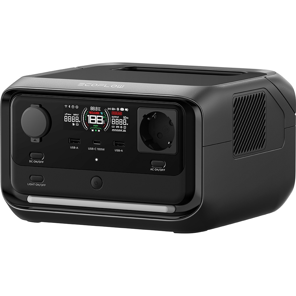 Statie de incarcare portabila ECOFLOW River 3 Plus, 600W, 286Wh, AC, USB-A, USB-C, MC4, XT60, negru