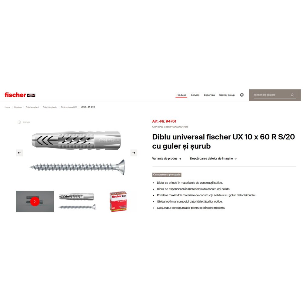 Surub cu diblu universal FISCHER UX, 10 x 65mm, 10buc