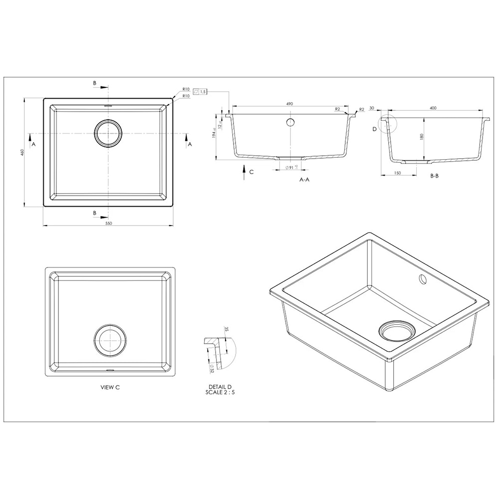 Chiuveta bucatarie SANDONNA Joanna 55, 1 cuva, compozit granit, negru