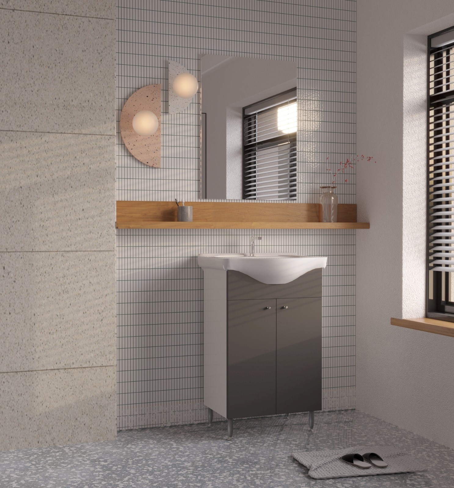 Set mobilier baie, baza, lavoar si oglinda, gri, 50 cm, Joy