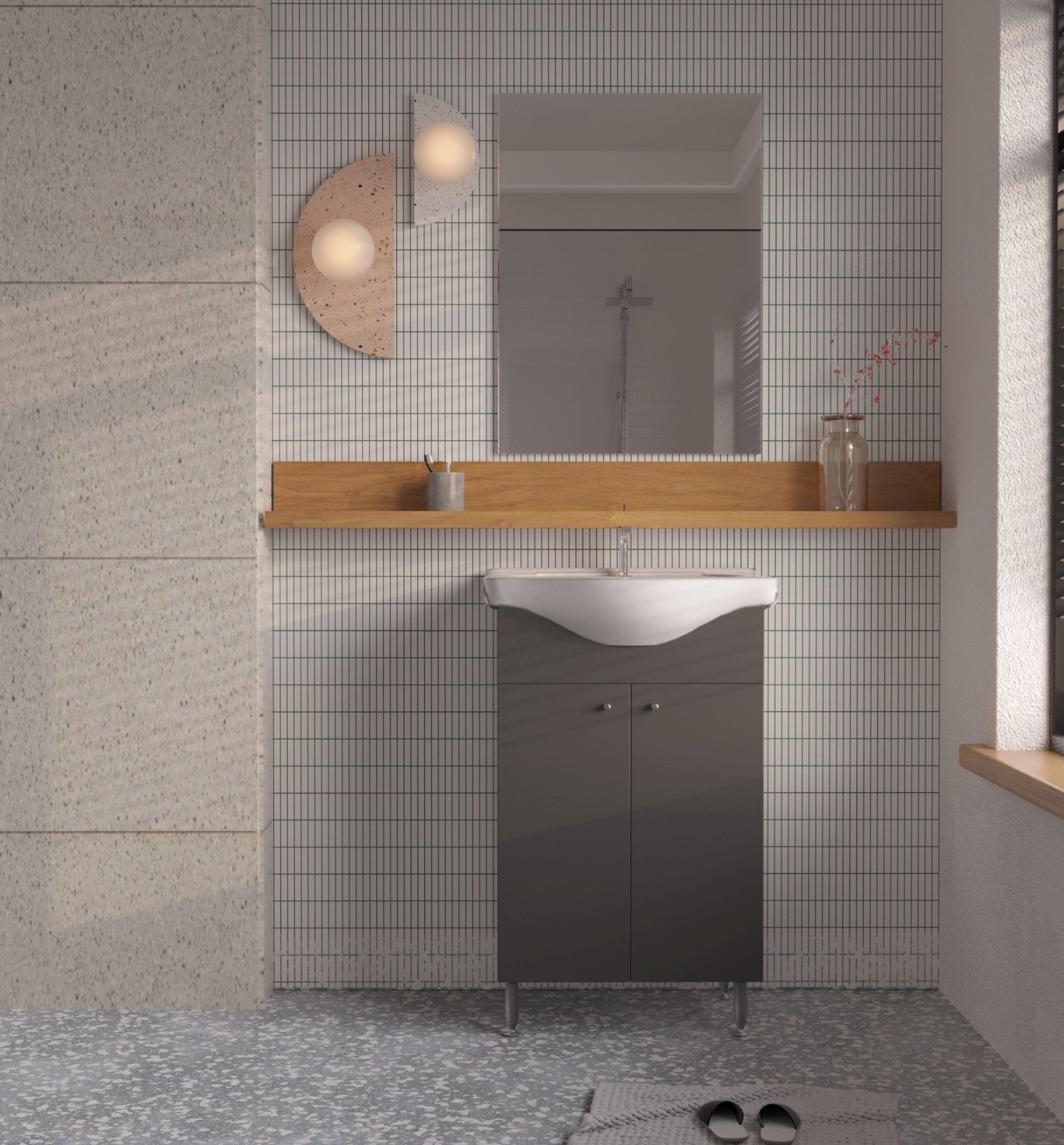 Set mobilier baie, baza, lavoar si oglinda, gri, 50 cm, Joy