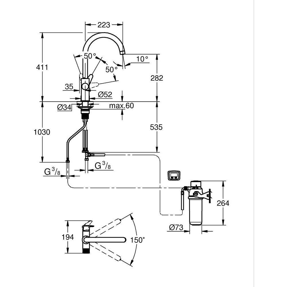Baterie bucatarie GROHE Blue Pure StartCurve 30593000, tip C, filtrare, alama, argintiu