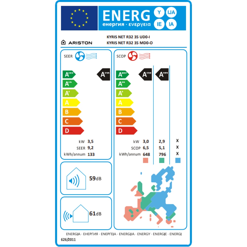 Aer conditionat ARISTON Kyris Net R32 35, 1200BTU, A+++/A+++, Inverter, Functie Incalzire, Wi-Fi, alb