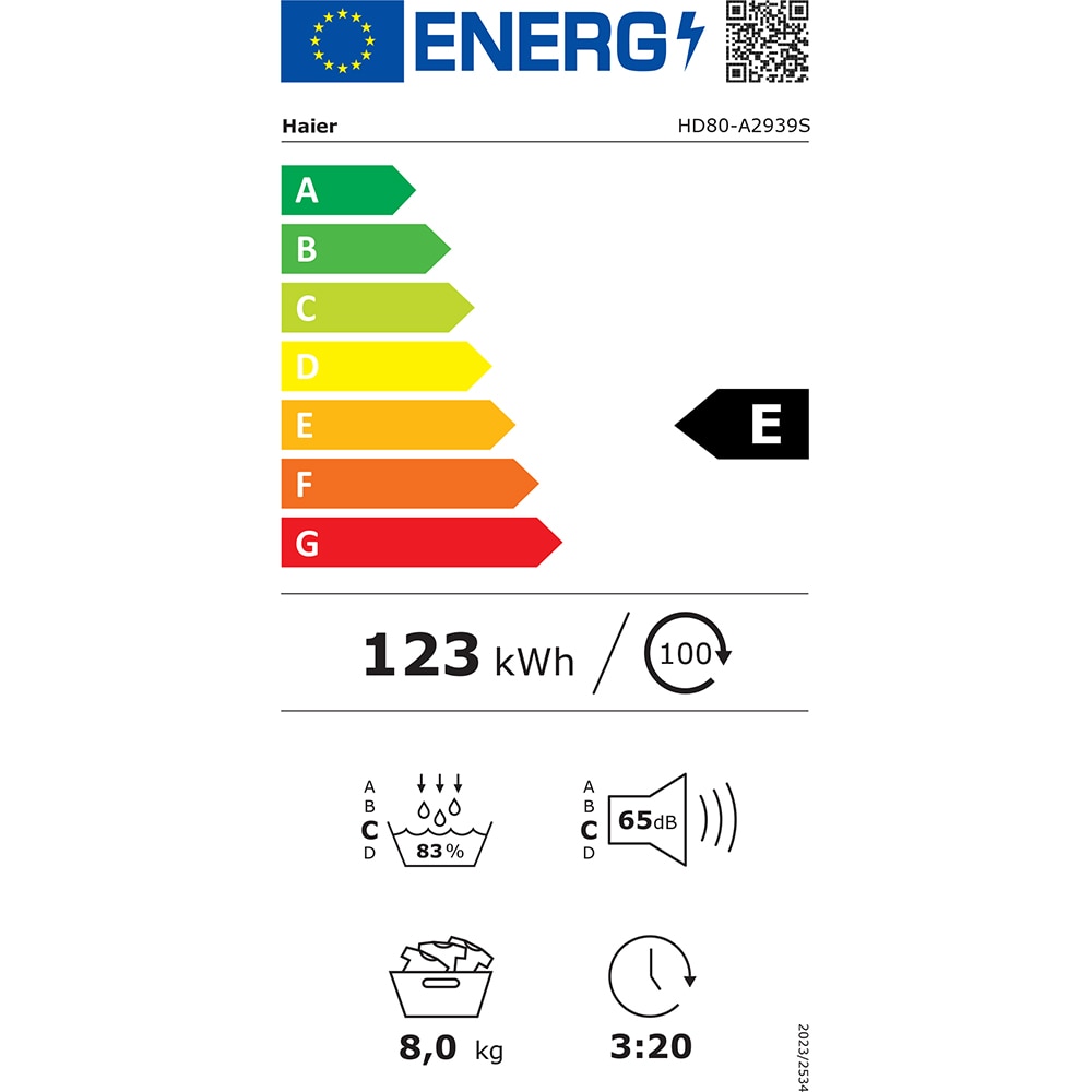 Uscator de rufe HAIER HD80-A2939, Pompa de caldura, 8 kg, 15 programe, Clasa E, alb