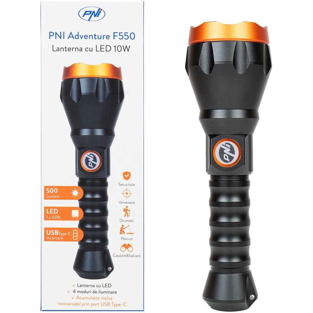 Lanterna LED PNI Adventure F550 Crystal Led, 10W, 500lm, USB Type-C, negru