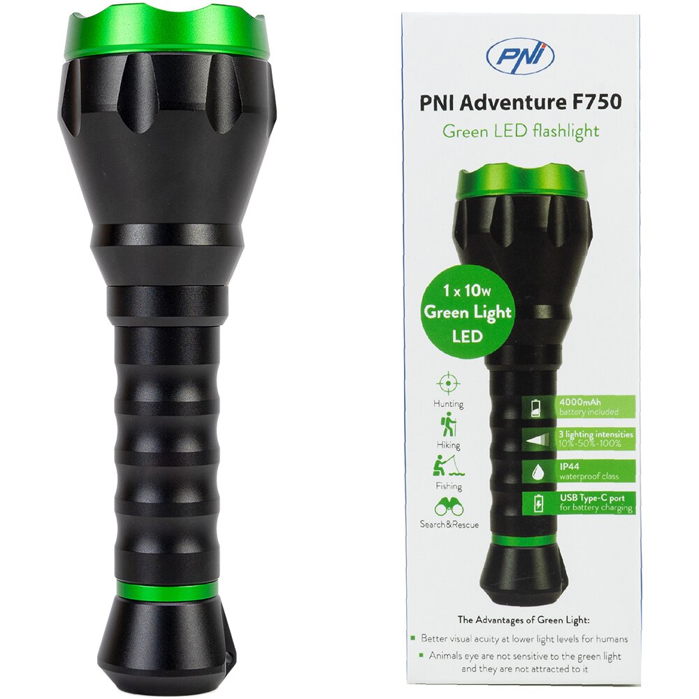 Lanterna LED PNI Adventure F750 Green Light, 10W, IP44, Acumulator 4000mAh, USB Type-C, negru