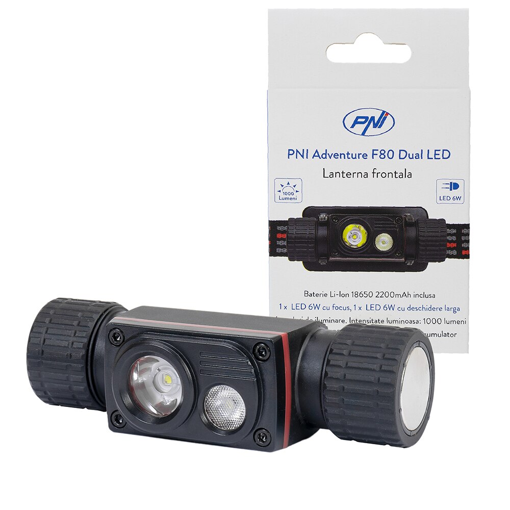 Lanterna LED frontala PNI Adventure F80 Dual Led, 1000lm, IP68, Acumulator 2200mAh, negru