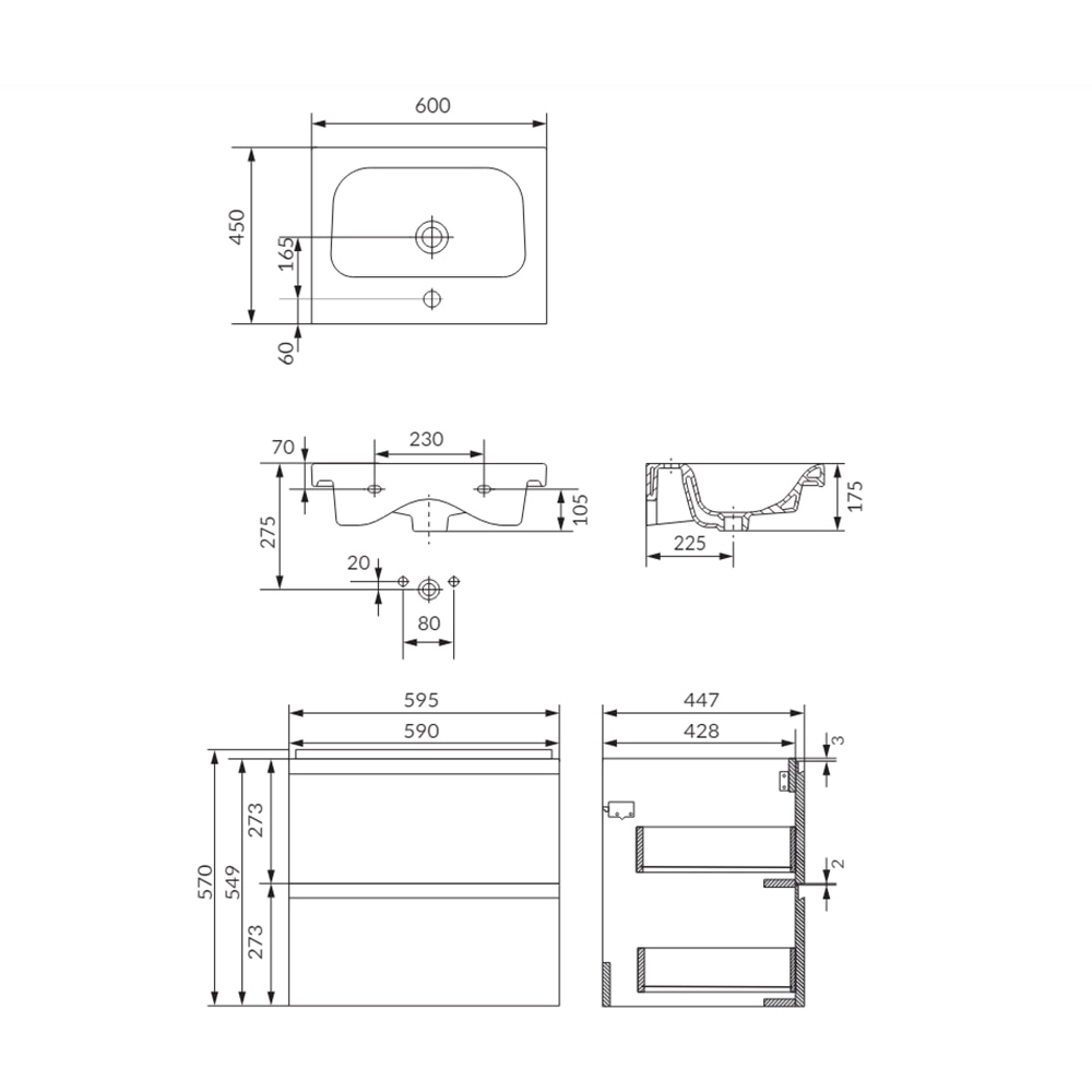Set masca si lavoar Cersanit Moduo, 59.5 x 44.7 x 57 cm, antracit