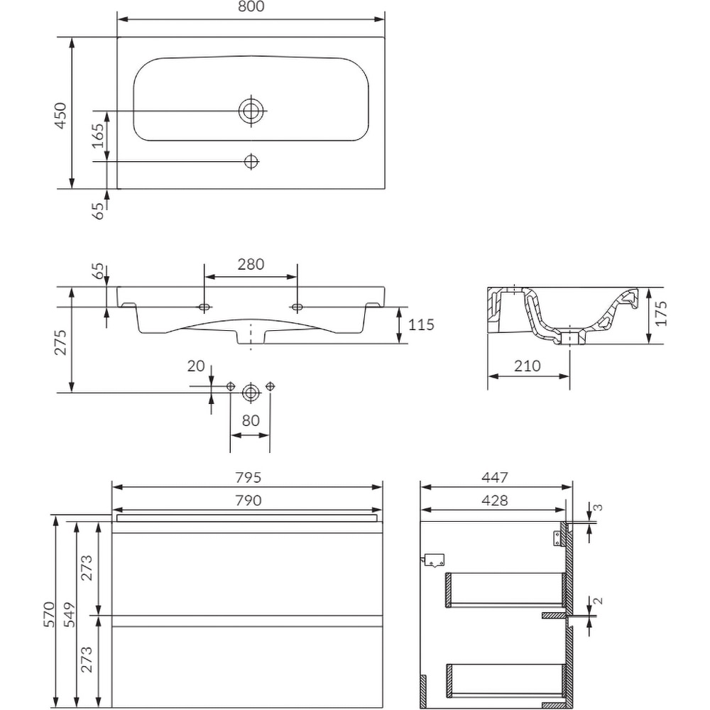 Set masca si lavoar Cersanit Moduo, 79.5 x 44.7 x 62 cm, antracit