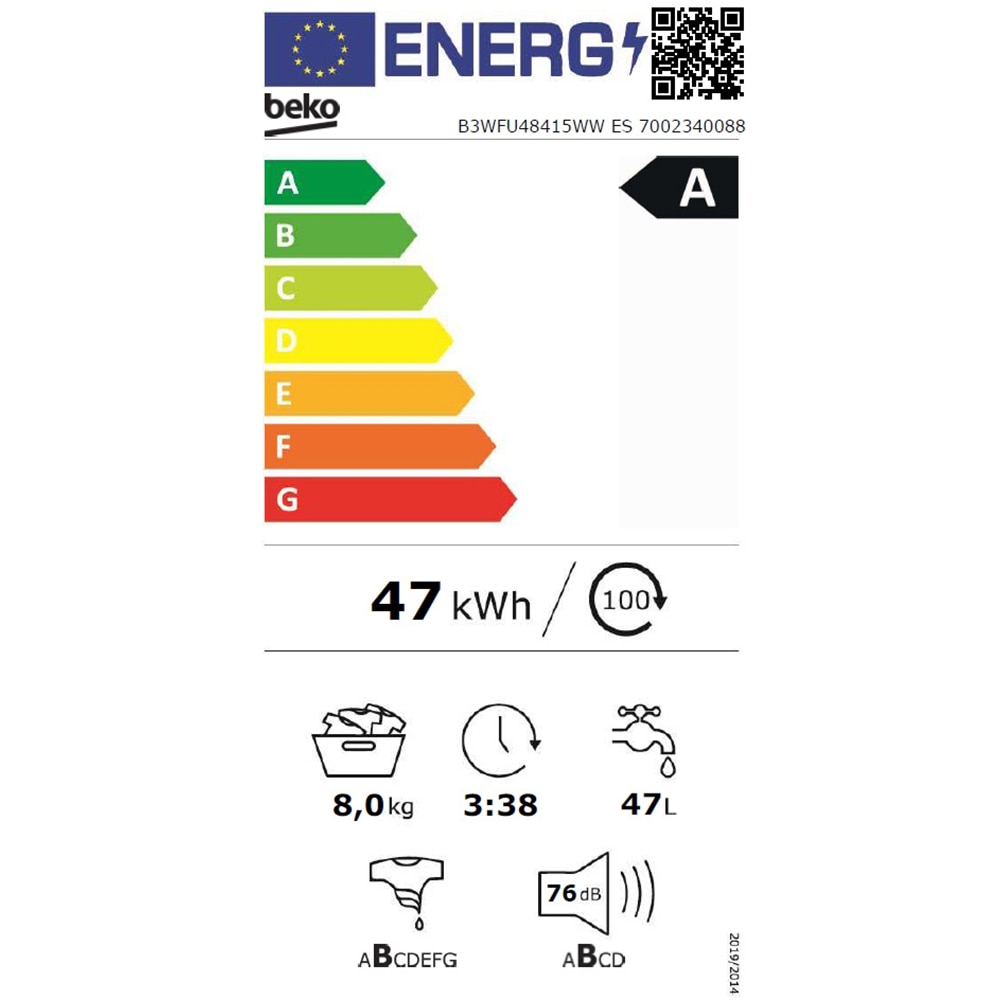 Masina de spalat rufe frontala BEKO B3WFU48415WWES, EnergySpin, SteamCure, 8 kg, 1400rpm, Clasa A, alb