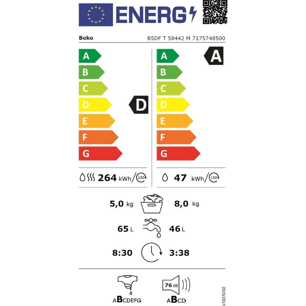 Masina de spalat rufe frontala cu uscator BEKO B5DFT58442M, SteamCure, 8/5 kg, 1400rpm, Clasa A/D, gri inchis