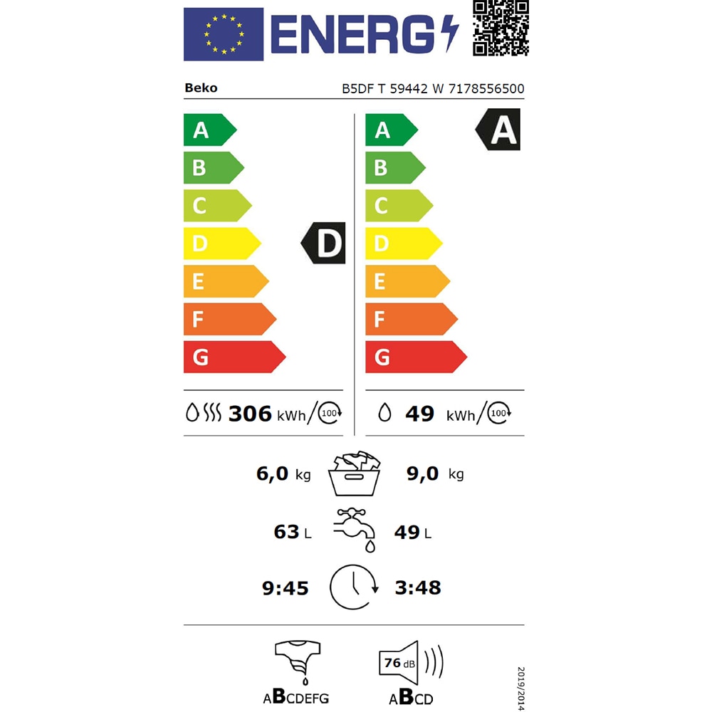 Masina de spalat rufe frontala cu uscator BEKO B5DFT59442W, SteamCure, 9/6 kg, 1400rpm, Clasa A/D, alb