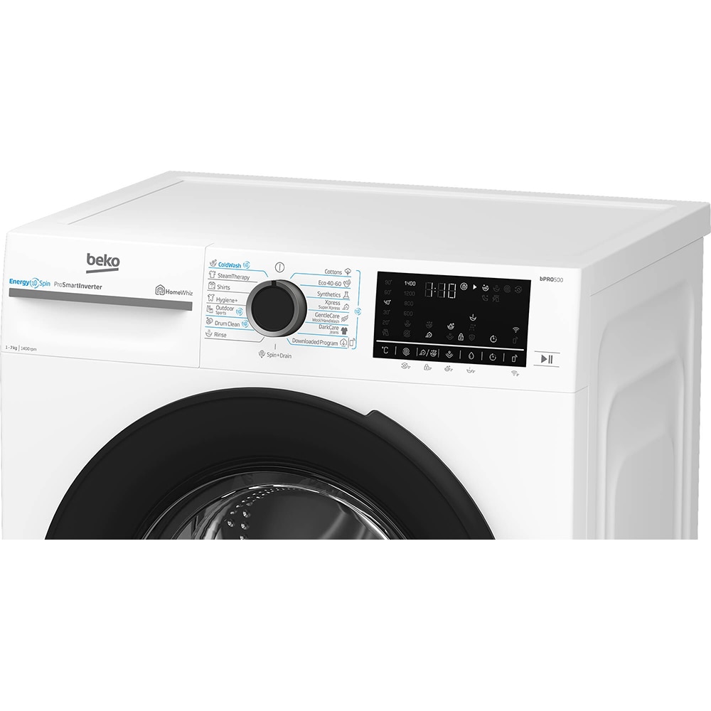 Masina de spalat rufe frontala BEKO BM5WFSU67415W, EnergySpin, SteamCure, 7 kg, 1400rpm, Clasa A, Wi-Fi, alb