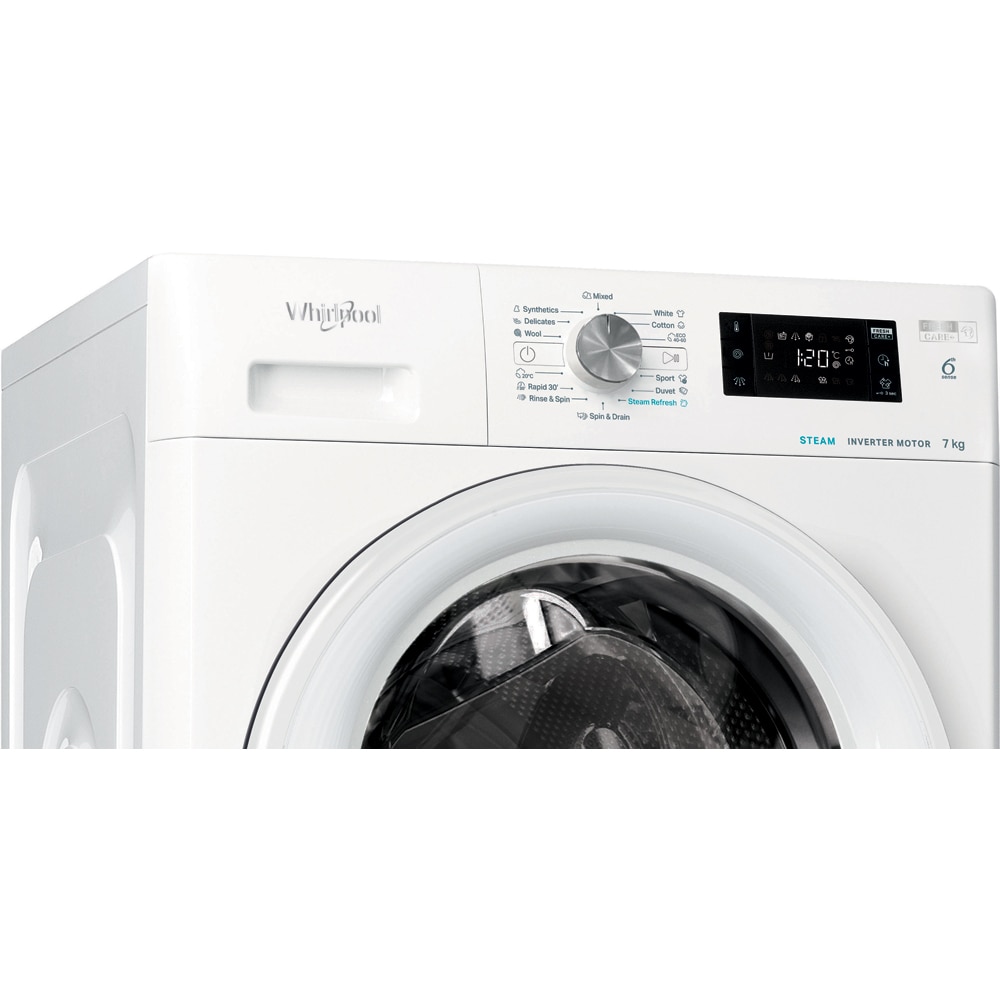 Masina de spalat rufe frontala WHIRLPOOL FFB 7469 WV EE, Steam, 6th Sense, 7 kg, 1400rpm, Clasa A, alb