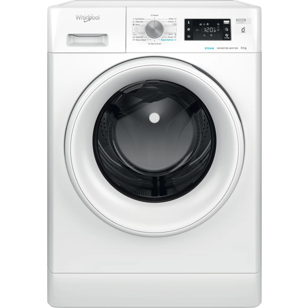 Masina de spalat rufe frontala WHIRLPOOL FFB 8258 WV EE, Steam, 6th Sense, 8 kg, 1200rpm, Clasa B, alb