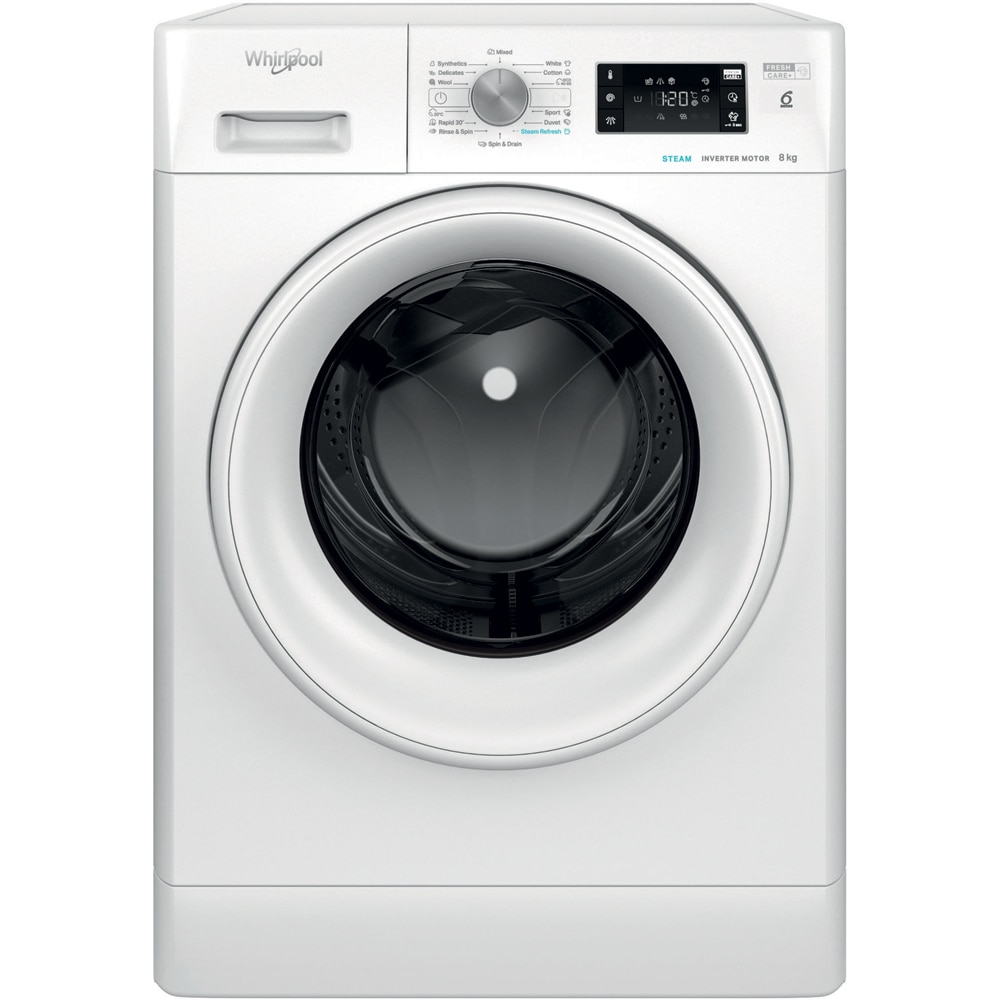 Masina de spalat rufe frontala WHIRLPOOL FFB 8489 WV EE, Steam, 6th Sense, 8 kg, 1400rpm, Clasa A, alb