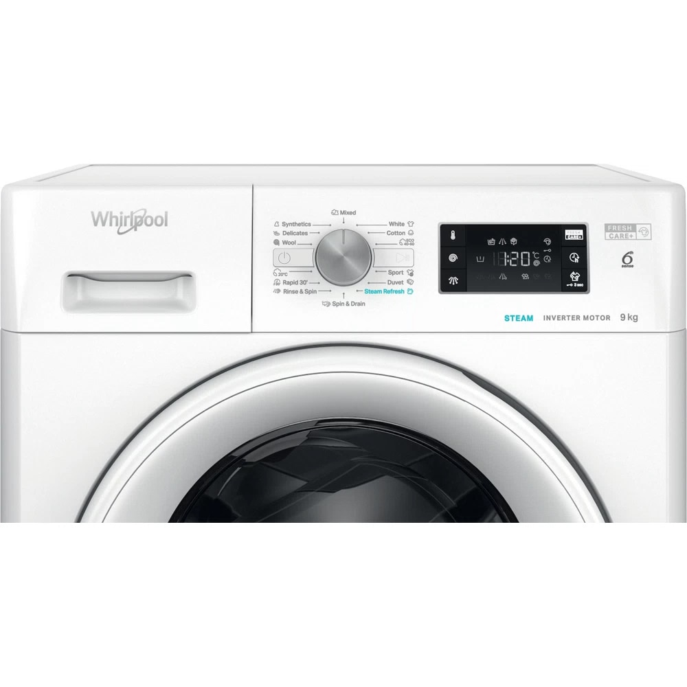 Masina de spalat rufe frontala WHIRLPOOL FFB 9489 WV EE, Steam, 6th Sense, 9 kg, 1400rpm, Clasa A, alb