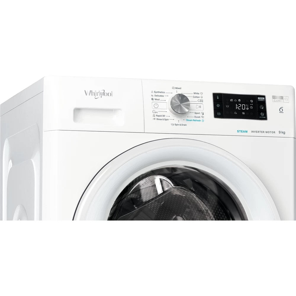 Masina de spalat rufe frontala WHIRLPOOL FFB 9489 WV EE, Steam, 6th Sense, 9 kg, 1400rpm, Clasa A, alb