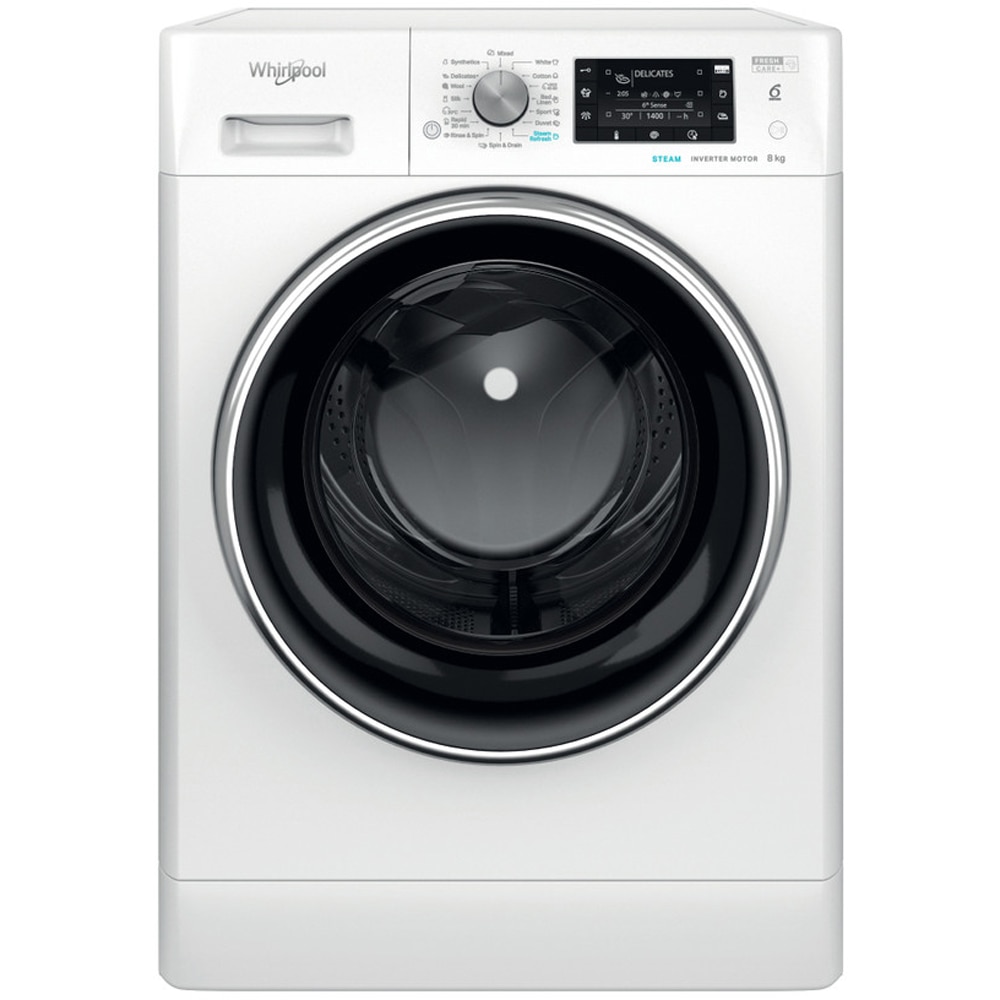 Masina de spalat rufe frontala WHIRLPOOL FFD 8489 BCV EE, Steam, 6th Sense, 8 kg, 1400rpm, Clasa A, alb