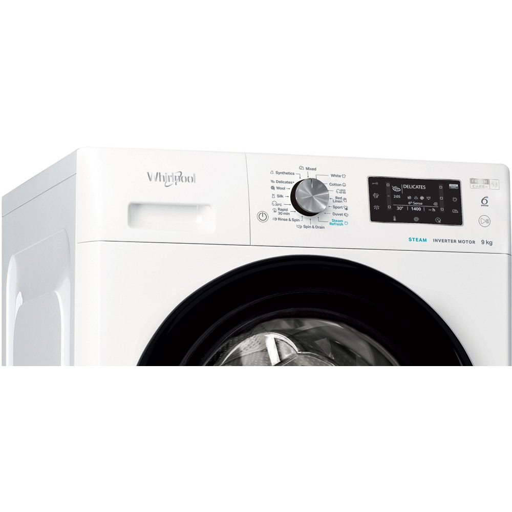 Masina de spalat rufe frontala WHIRLPOOL FFD 9489 BV EE, Steam, 6th Sense, 9 kg, 1400rpm, Clasa A, alb