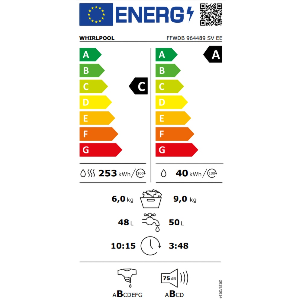 Masina de spalat rufe frontala cu uscator WHIRLPOOL FFWDB 964489 SV EE, 6th Sense, 9/6 kg, 1400rpm, Clasa A/C, alb