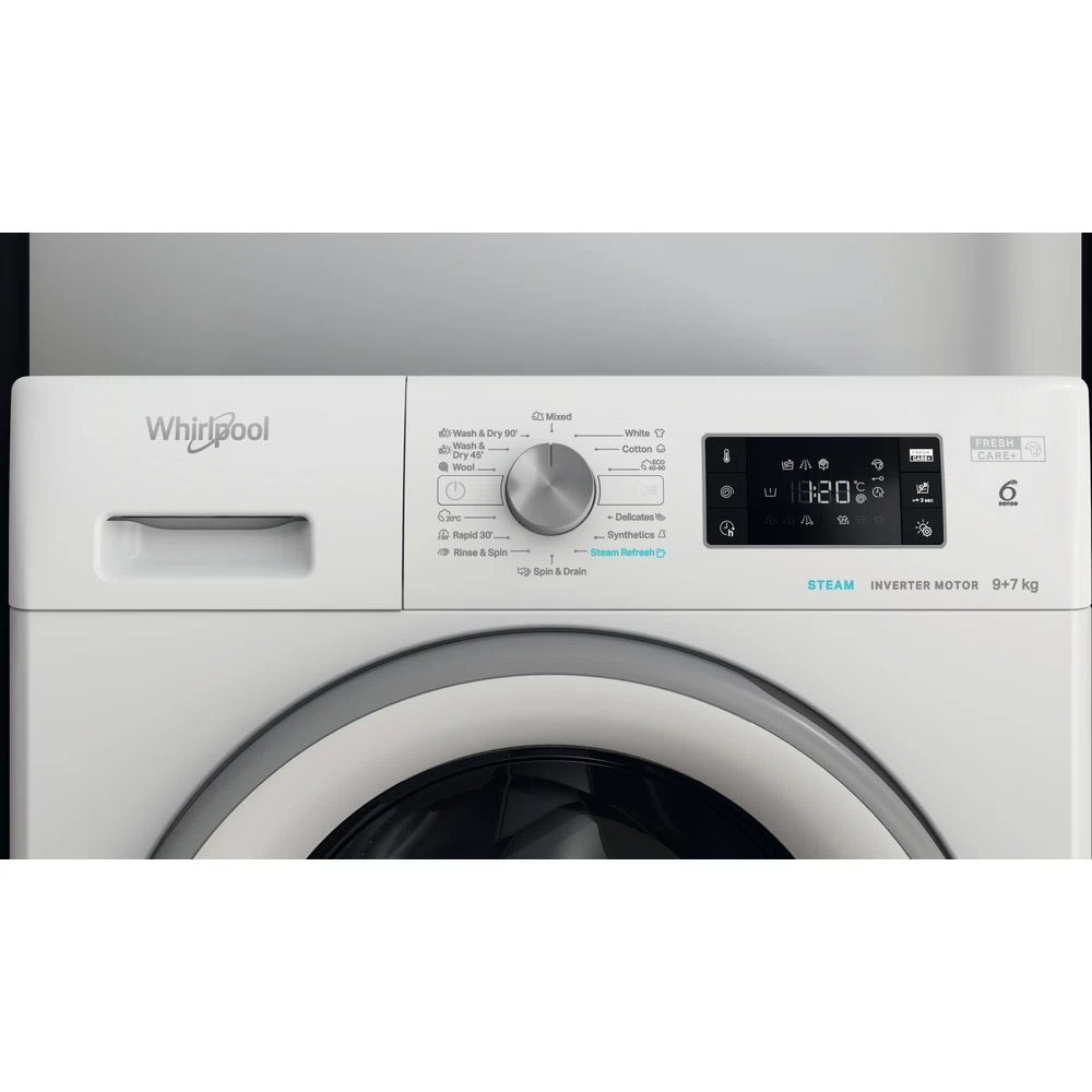 Masina de spalat rufe frontala cu uscator WHIRLPOOL FFWDB 976258 SV EE, 6th Sense, 9/7 kg, 1600rpm, Clasa B/E, alb