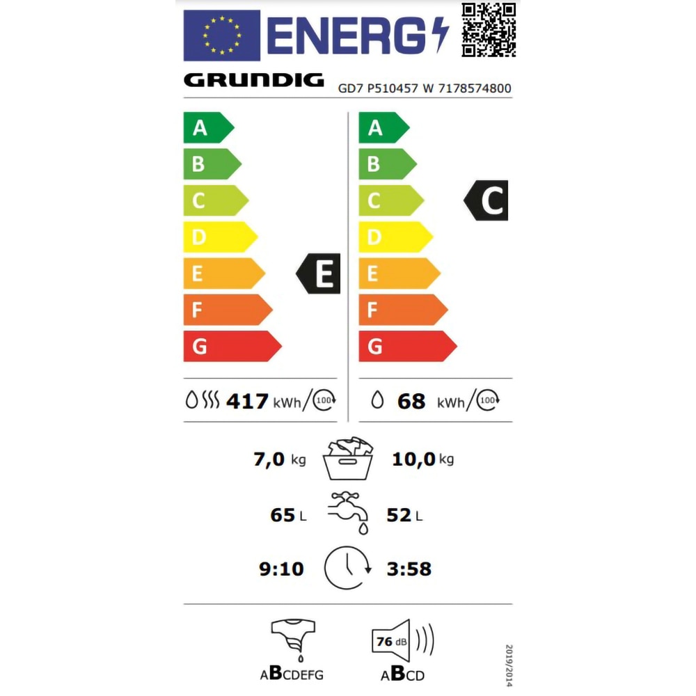 Masina de spalat rufe frontala cu uscator GRUNDIG GD7 P510457 W, HomeWhiz, 10/7 kg, 1400rpm, Clasa C/E, alb