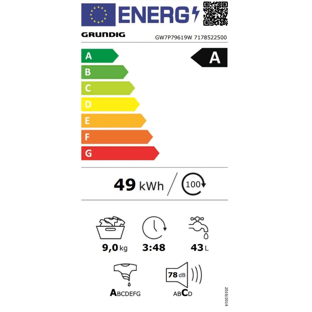 Masina de spalat rufe frontala GRUNDIG GW7P79619W, HomeWhiz, 9 kg, 1600rpm, Clasa A, alb