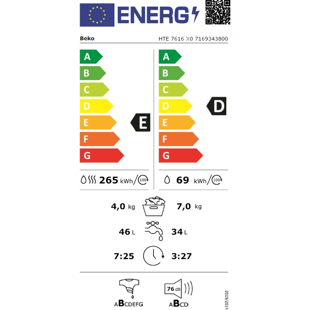 Masina de spalat rufe frontala cu uscator BEKO HTE7616X0, 7/4 kg, 1200rpm, Clasa D/E, alb