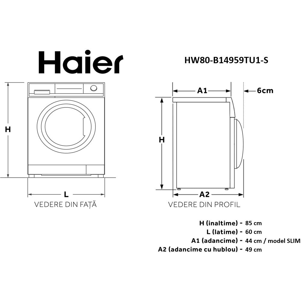 Masina de spalat rufe frontala slim HAIER HW80-B14959TU1-S, 8 kg, 1400rpm, Clasa A, alb
